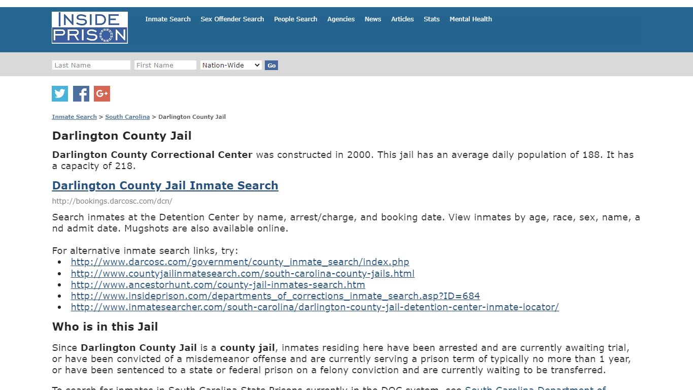 Darlington County Jail - South Carolina - Inmate Search